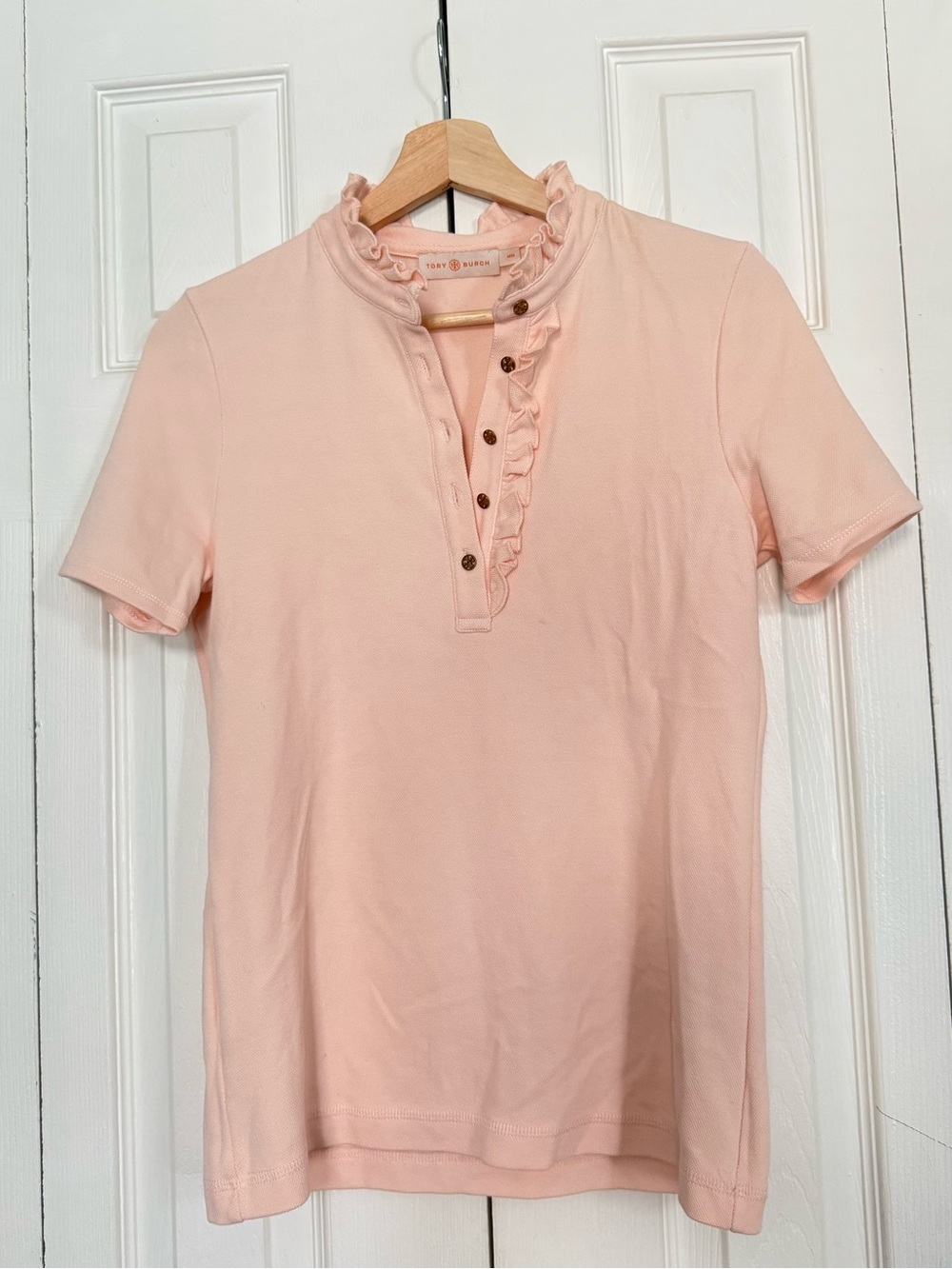 Tory Burch Soft Pink Ruffle-Trim Short Sleeve Top